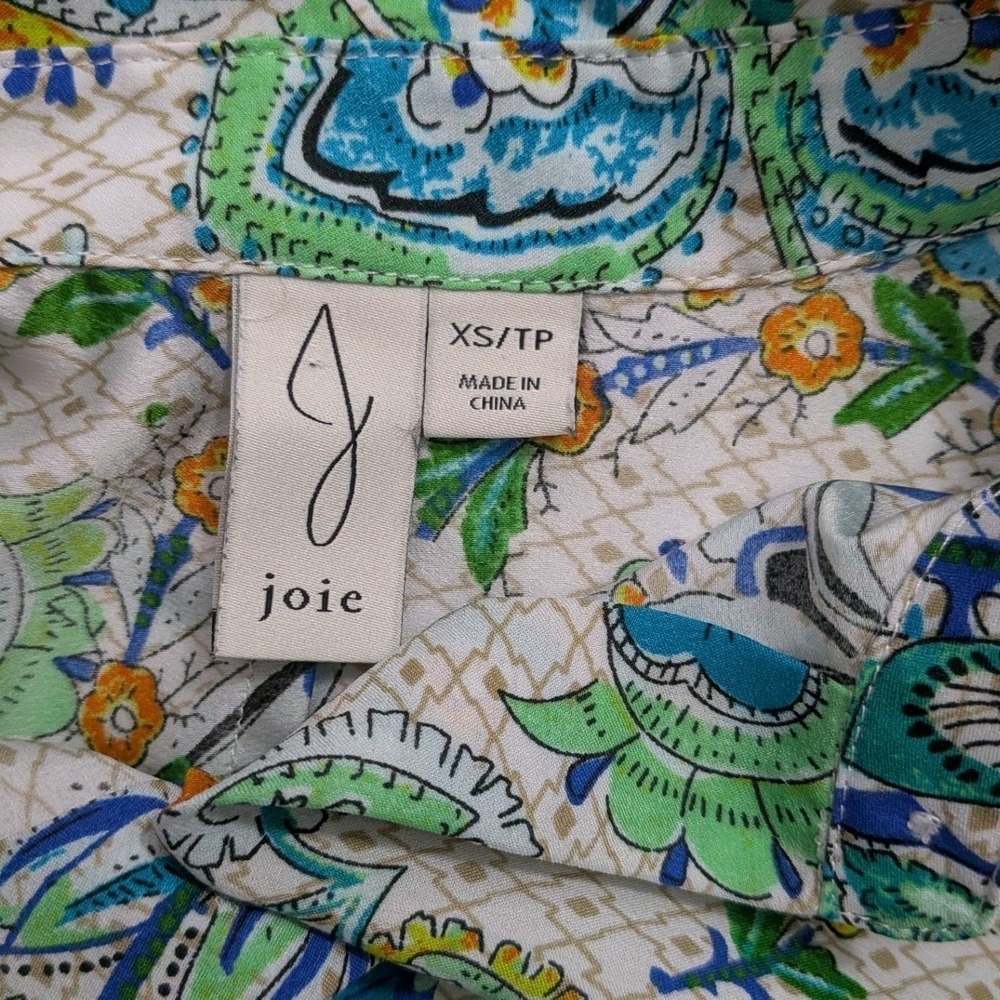 Joie Paisley Button Up Blouse Green Blue Short Sleeve Top Floral Casual Boho XS - Picture 4 of 6